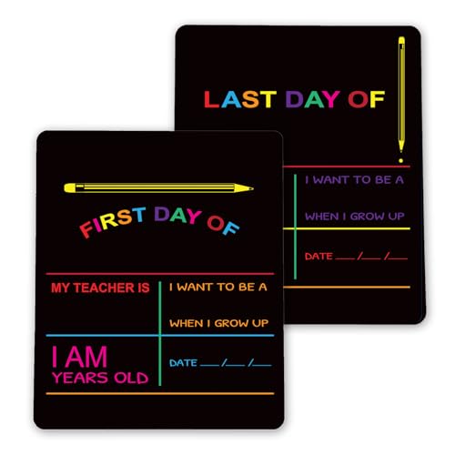 Reusable My First Day and Last of School Set Milestone Chalkboard Sign. Photo Prop Board for Kids, Black w/Color Print - 12” x 10” Rectangle