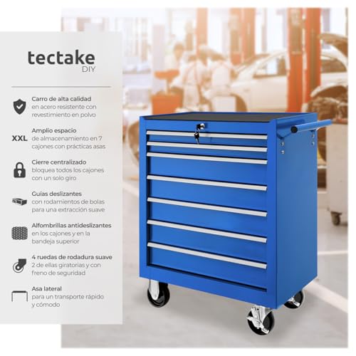 Miniatura 3 de Tectake 800560 Carro De Herramientas Con Ruedas, Organizadores, 7 Cajones Con Cerradura, Mueble De Taller Bricolaje, Móvil, Nuevo Azul
