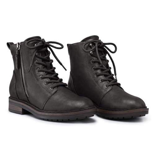 SHIBEVER Ankle Boots for Women Comfortable Lace-up Fall Fashion Combat Boots 2026 Low Heel Lug Sole Zipper Short Booties Grey 6.5 by SHIBEVER - Used condition - US$42.62