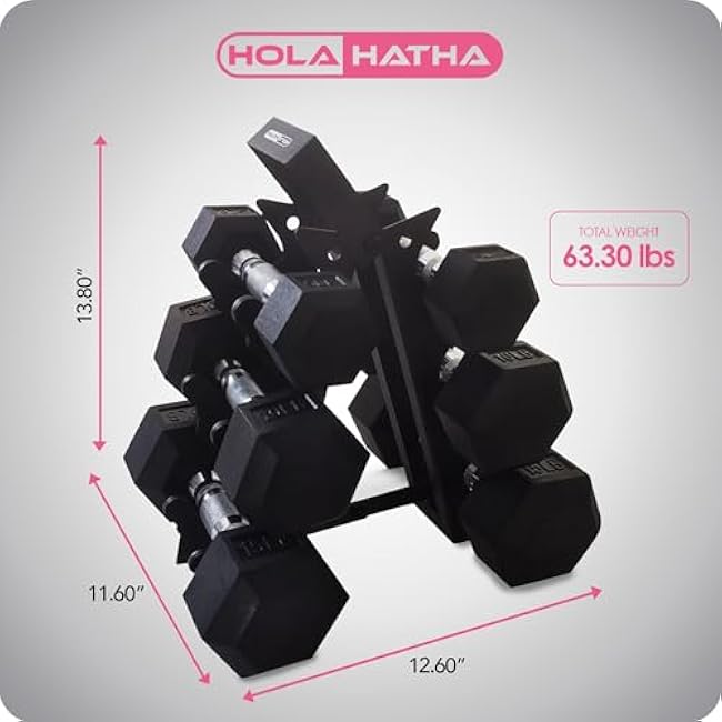 HolaHatha Hexagonal Dumbbell Free Hand Weight Set w/Rack