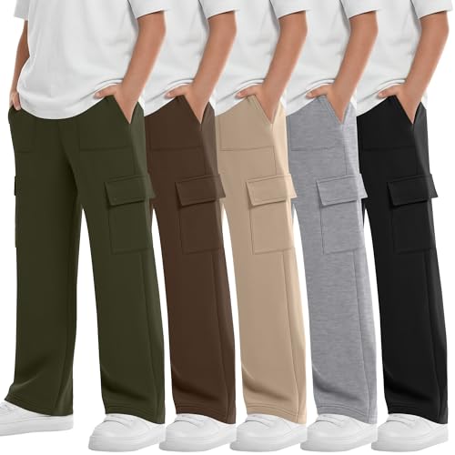 LessonZoo 5 Pack Boy's Cargo Sweatpants Straight Leg Baggy Open Bottom Pants Athletic Joggers with 5 Pockets(6-7 Years,Army Green, Coffee, Beige, Light Mixed Gray, Black)