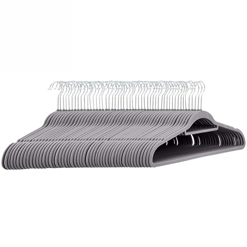 Kleiderbügel Samt 50er Set – Samtbügel grau - rutschfest mit Kunststoffkern, Hosensteg, Kerben & 360° Haken für Anzüge, Hemden & Jacken