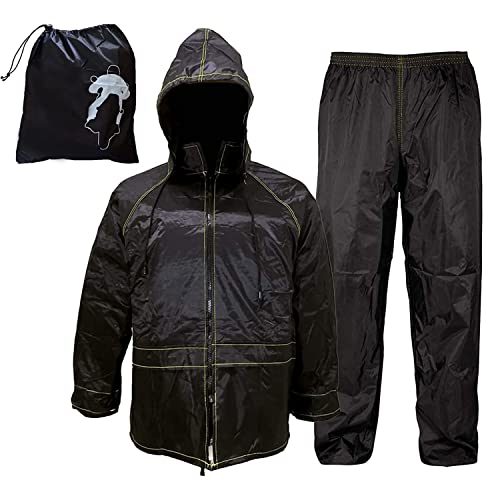 Rebeca Shop Motorradanzug, wasserdicht, regendicht, winddicht, mit Tasche, schwarz, Set Jacke und Hose – versenkbare Kapuze | Herren Damen | Roller Fahrrad | Regen-Set, Schwarz , 56-58