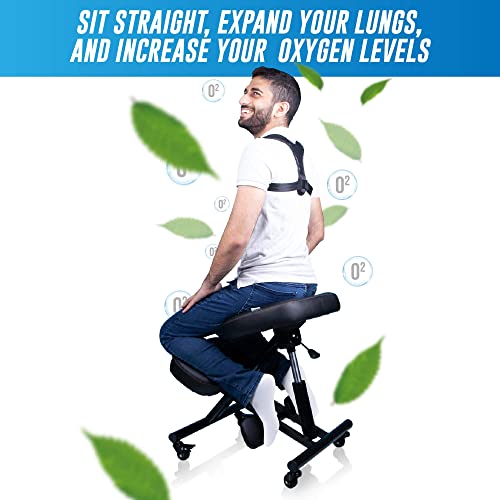 MediChair Kneeling Chair – Cross Legged Posture Chair – Comfortable and Ergonomic Office Chair – Side, Back and Front Wheel Movement – Reduce Pain and Improve Posture – Posture Corrector Included
