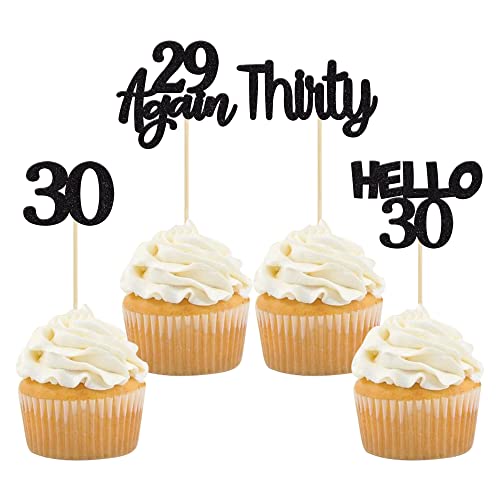 Gyufise 24Pcs Black Glitter 30th Birthday Cupcake Toppers Hello 30 Cake Decorations Again 29 Thirty Cupcake Picks for 30th Birthday Cake Decorations Supplies