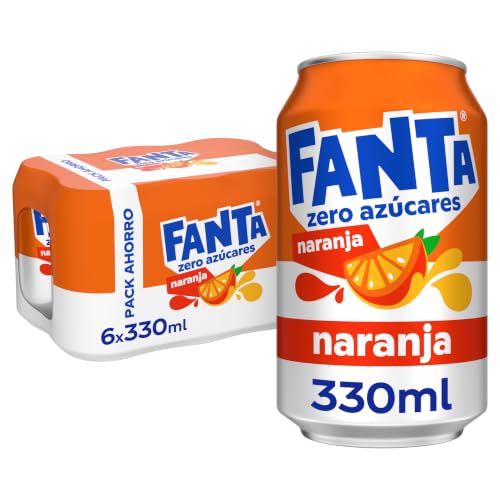 Fanta Naranja Zero Azúcar, Refresco de Naranja Elaborado a partir de Zumo, Bajo en Calorías - Pack 6 Latas 330 ml