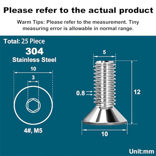 Drenky 25 Stück M5 X 12mm Senkschraube Edelstahl V2A VA A2 Innensechskantschraube DIN 7991 / ISO 10642 Senkkopfschrauben Rostfrei Silber Maschinenschrauben Metrisches Regelgewinde
