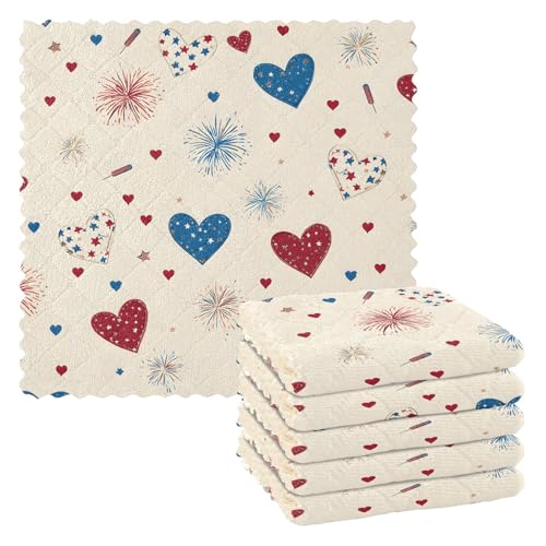 Image of Cotton Kitchen Dish Cloths, Blue Hearts with Fireworks Pattern Ultra Soft Absorbent Quick Drying Dish Towels, 11 x 11 Inches, 6-Pack, Reusable Cleaning Cloths