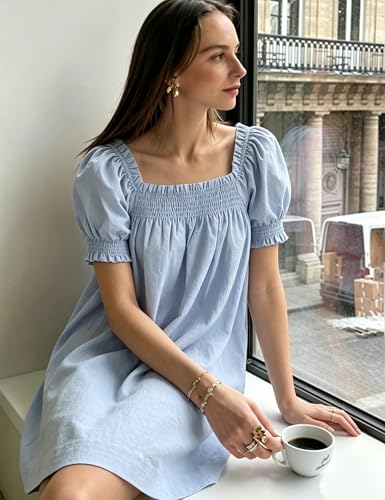 Image of Huaqiao Womens Summer Mini Dress 2026 A-Line Square Neck Puff Sleeve Beach Sundress Casual Short Dress with Pockets