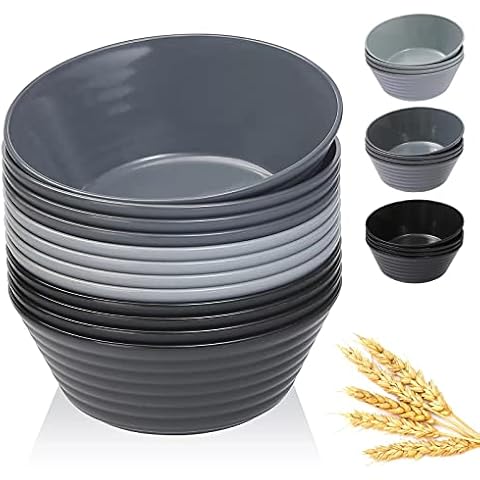 DUOLUV Cereal Bowls 36 OZ, Set of 12 Unbreakable Wheat Straw Plastic Serving Snack Bowls Dishwasher Microwave Safe Reusable Large Soup Dessert Bowls for Kitchen Parties Camping Black Gray Cover