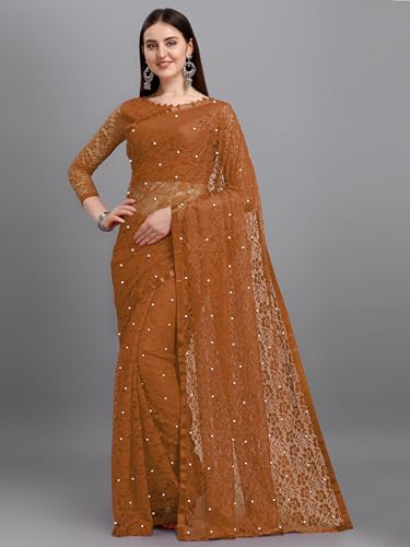 Image of LOROFY Women's Brasso Net Saree With Blouse