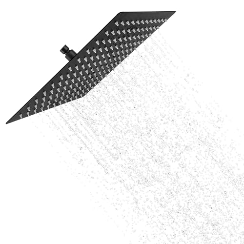 YKUKIZEE 10 inch Black Square Rainfall Shower Head, 25 cm Fixed Rain Shower Head 304 Stainless Steel, Large Waterfall Shower Heads Overhead High Pressure for Bathroom Ceiling