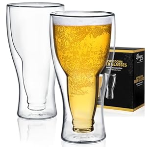 Dragon Glassware Beer Glasses – 13.5 oz Clear Double Wall Insulated Beer Glass Set of 2 – Upside Down Design – Holds One Full Bottle – Freezer Safe