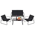 PAIQIAN 4 Pieces Patio Furniture Set Outdoor Patio Conversation Sets Poolside Lawn Chairs with Glass Coffee Table Porch Furniture for Courtyard, Garden and Balcony (Black)