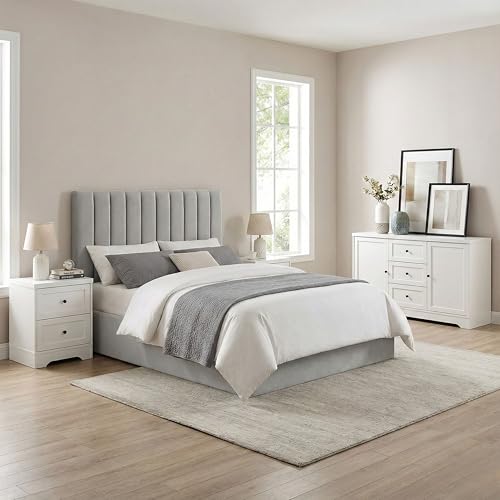 Miroytengo Conjunto Muebles de Dormitorio Matrimonio, Cabecero, 2 mesitas y Aparador Blanco y Gris 160 cm