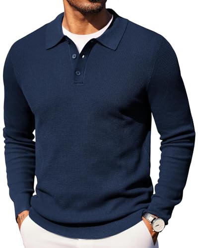 COOFANDY Men's Long Sleeve Polo Sweater Casual Light V Neck Sweater Cable Knit Pullover Polo Golf Sweaters Navy Blue