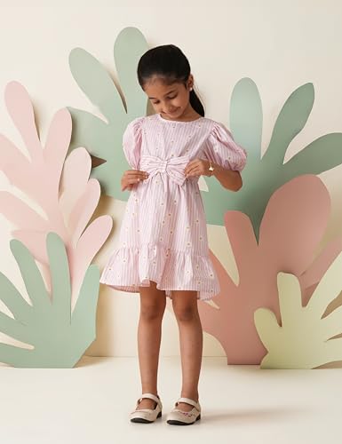 Image of Amazon Brand - Symbol Girls Bow Detail Pure Cotton Knee Length Casual Dress