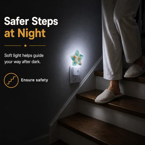 Image of Ocean Beach Starfish Seashells Star Night Light Plug in, Soft Glow Night Light for Kids Bedroom Nursery, Gentle Warm Light for Sleep, Compact Lamp for Hallway Bathroom