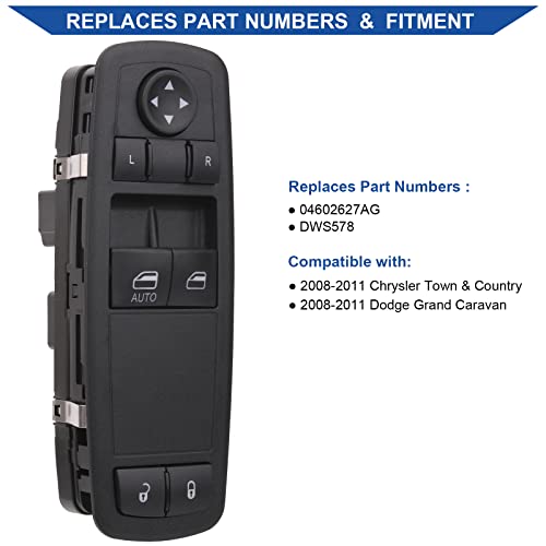 Obaee Main Window Switch Power Control Button Driver Side Compatible With 2008 2009 2010 2011 Chrysler Town & Country, Dodge Grand Caravan Oem 04602627Ag Dws578 1 Auto Button Green Light #TOP1