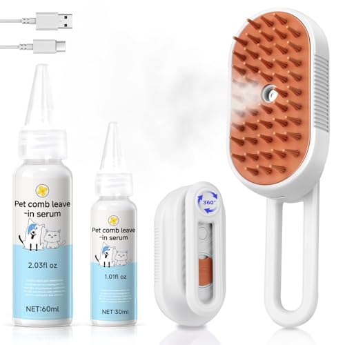 Steam Brush for Cat & Dog – 3-in-1 Spritz Pet Spray Hair Removal Comb for Grooming & Shedding Steam – Water Brush for Long & Short Haired Pets– Includes Two Bottles Waterless Shampoo