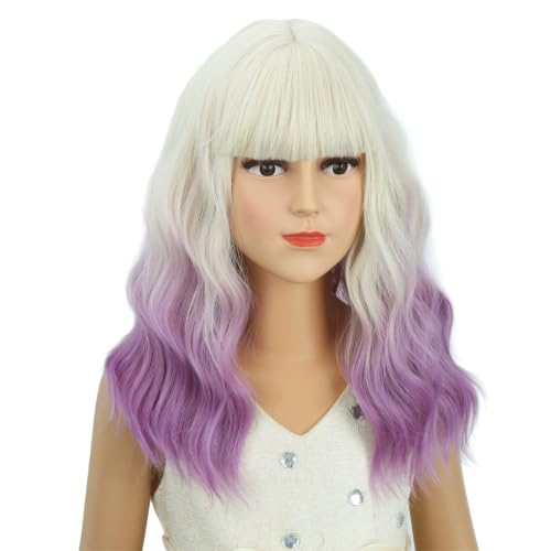 Image of PATTNIUM Girls Purple Ombre Short Curly Wavy Wig with Bangs Kids White Ombre Purple Bob Wigs Synthetic Halloween Costume Cosplay Party Wigs