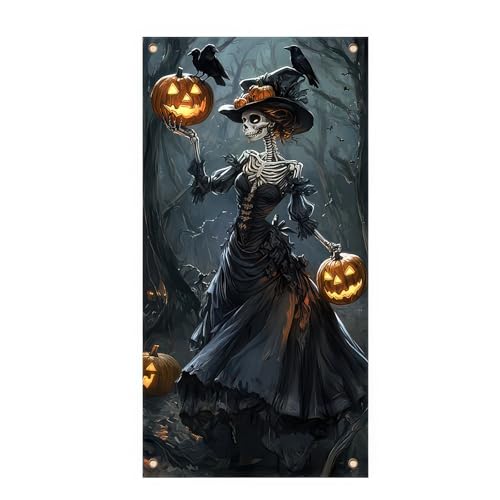 Image of BlissYard Skeleton Witch Door Cover Halloween Decorations 35x71 Inch Gothic Pumpkin Lady Banner Spooky Halloween Door Decor for Haunted House Wall Prop Indoor Party Backdrop