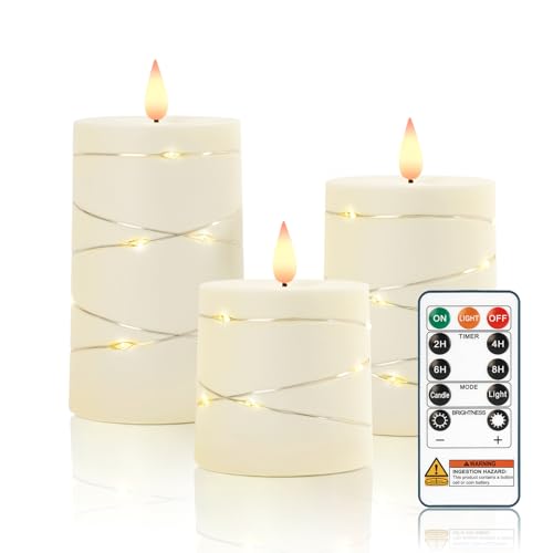 Image of Homemory Flameless Candles with String Lights Remote Control White Set of 3