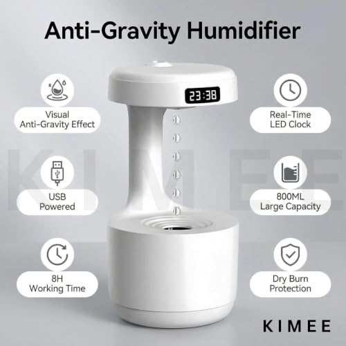 Image of KIMEE Anti-Gravity Water Drop Humidifier with LED Display, 800ML Ultrasonic Quiet Cool Mist Maker Fogger, Desktop Air Humidifier with Digital Clock for Office, Bedroom, and Living Room