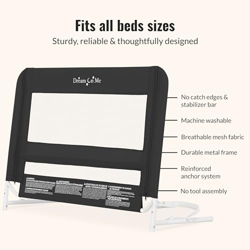 Image of Dream On Me Mesh Security Bed Guard Rail for Toddlers 2-5 Years, Fits Twin-King Beds, Reinforced Anchor System, 2 Adjustable Heights, Black, Not for Cribs /Toddler Beds