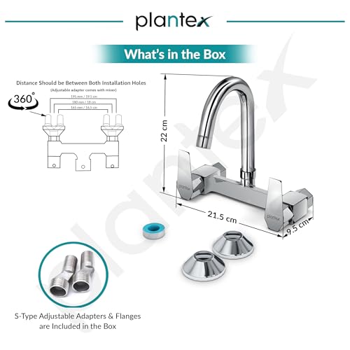 Image of Plantex Mixer Tap for Kitchen with Wall Flange and Teflon Tape /Kitchen Sink Taps /Sink Mixer Tap Hot and Cold with 360 Swivel Spout (Celesiya-1248)