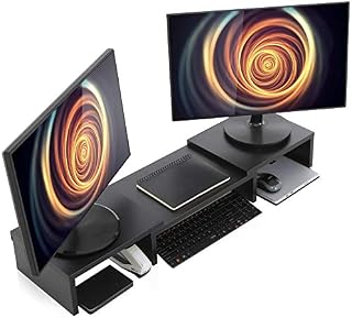 Wood Dual Monitor Stand Riser with Adjustable Length Multi Media Speaker TV PC