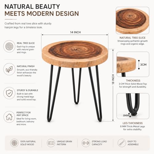 Image of Sheesham Wood Live Edge Side Table | Rustic Wooden End Table with Hairpin Metal Legs | Solid Tree Slice Coffee Table for Living Room, Bedroom 14'' Top x 18'' H