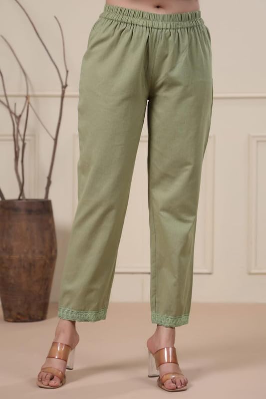 Image of Solid A-Line Mirror Work Cotton Kurta Pant Set for Women