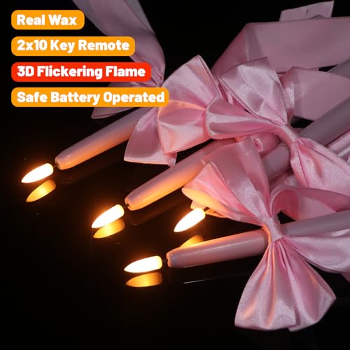 Image of Wondise Pink Flameless Taper Candles with Remote Timer, Battery Operated Real Wax Led Candle 3D Wick Flickering Flameless Candlesticks for Home Birthday Party Wedding Anniversary Decor
