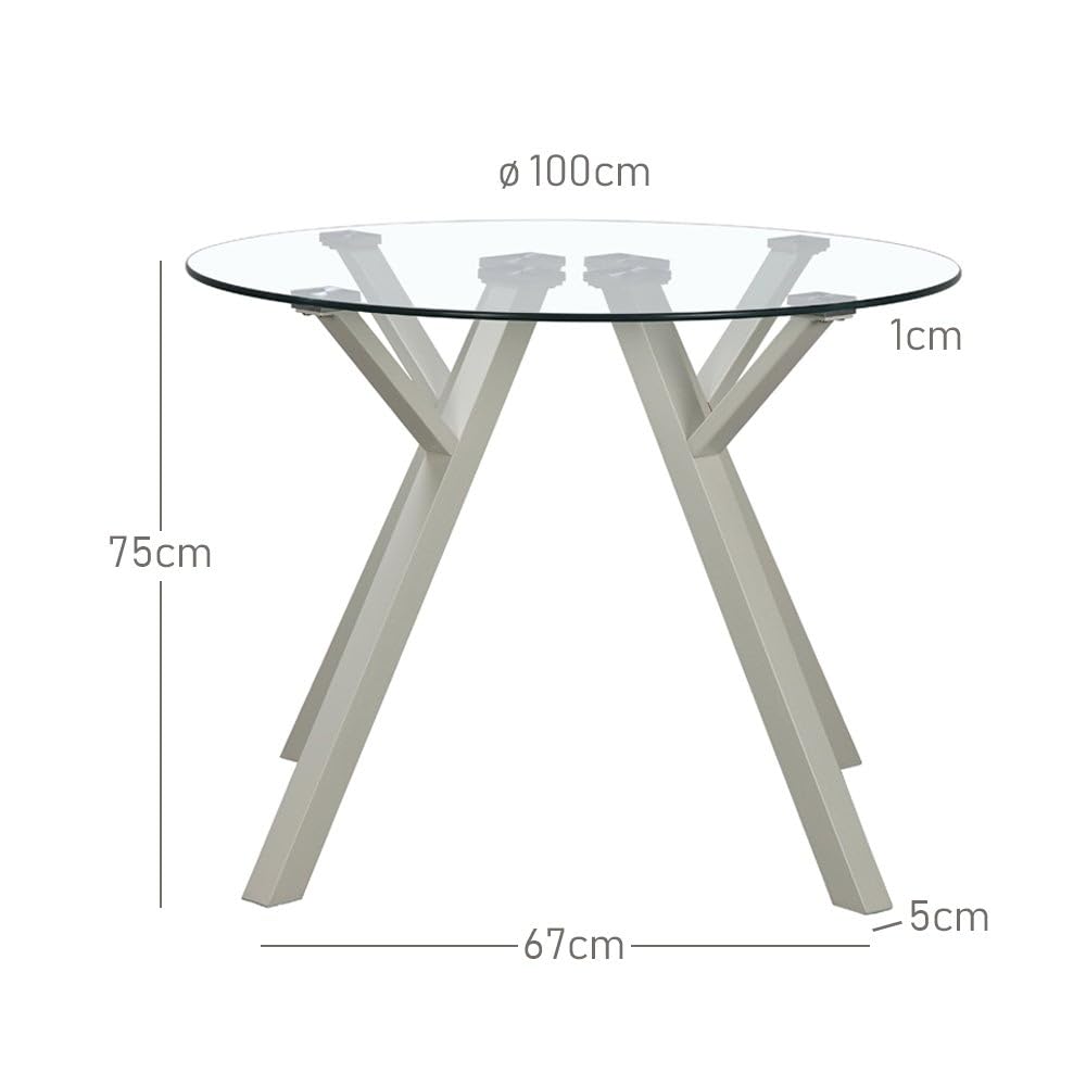 Mesa redonda de cristal templado y metal beige de 100 cm de diámetro | Capacidad para 4 personas. Diseño moderno que aporta amplitud visual y calidez a tu comedor o zona de office.