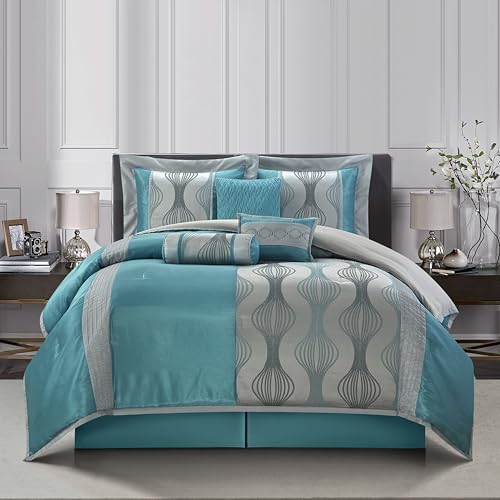 Stratford Park 7 Piece Blue Comforter Set, Queen Size Jacquard Bedding Set, All Season Geometric Patchwork Bedding Set, Matching Pillows, Shams, Bed Skirt
