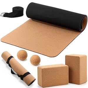 7 Pcs Cork All in One Yoga Essentials Kit Large Cork Yoga Mat and Blocks Set with Carry Strap and Alignment Lines 2 Pcs Massage Balls 10ft Stretch Strap for All Levels