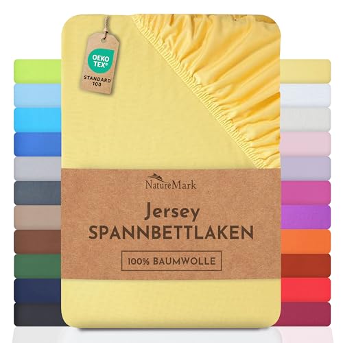 NatureMark Jersey Spannbettlaken, Spannbetttuch 100% Baumwolle in vielen Größen und Farben MARKENQUALITÄT ÖKOTEX Standard 100 | 140 x 200 cm - 160 x 200 cm - gelb