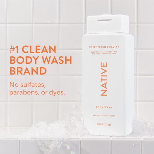 Image of Native Clean Body Wash, Gentle & pH-balanced for Sensitive Skin, 24-Hr Freshness for Women & Men, Vegan & Cruelty-Free, Free of Sulfates & Parabens, Sweet Peach & Nectar, 18 fl oz