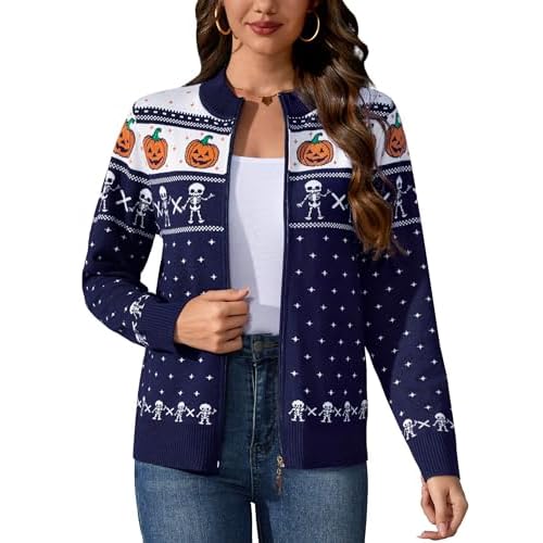 Totatuit Womens Long Sleeve Knitted Zip Up Sweater Cardigans Sweaters Lightweight Zipper Sweatshirts Jacket Small Halloween Navy Blue