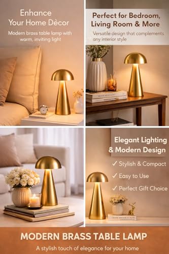 Image of blissbells Modern Gold Table Lamp - Minimalist Metal Bedside Lamp with Warm Ambient Light, Contemporary Mushroom Dome Design for Bedroom, Living Room, Office & Nightstand