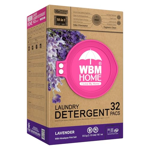 WBM 10-in-1 Laundry Detergent Pods, Fabric Softener with Lavender Extracts, High-Efficiency Laundry Pods with Powerful Stain Lifter Technology - 32 Count Bag
