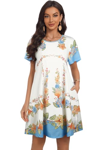 Image of My Sky Summer Dresses for Women 2026 Casual Short Sleeves Tshirt Flowy Beach Plus Size Sundress with Pockets