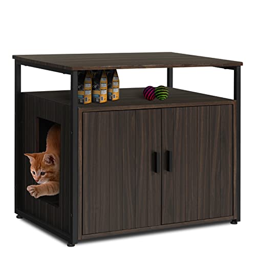Iron & Wood Cat Litter Box Enclosure, Furniture Hidden Cabinet, Indoor Cat Washroom Storage Cabinet Large with Double Doors and Open Shelf, Cat House, Kitty Hideaway, Fit Most of Litter Box (Espresso)