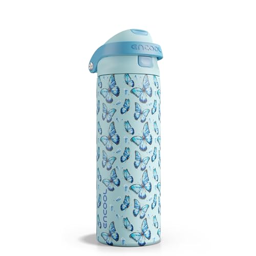ENCOOL Leakproof Insulated Stainless steel Water Bottle with Straw Dual-Sip Water Bottle Bag-Safe Design for Work, BPA-Free Commute & Gym – Keeps Drinks Cold All Day, 24 oz, Glacier Butterfly