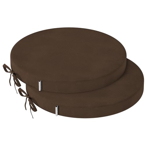 PRIMEPATIO Round Seat Cushions for Dining Chairs Set of 2, 5cm thick Bistro Chair Pads with Ties for Kitchen Garden Bar Hight Stool, Slip Resistant Indoor Outdoor Seat Cushion, 40x40cm, Brown