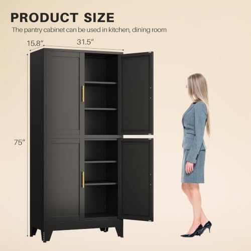 Image of winiowa 75 inch Tall Kitchen Pantry Cabinet, Metal Storage Cabinet with Doors and Adjustable Shelves, Black Freestanding Pantry Cabinet for Kitchen, Dining Room, Living Room, Laundry Room, Bathroom