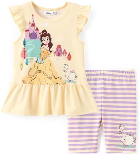 Disney Princess Toddler Girls 2PCS Short Sleeve Ruffle T-Shirt Dress and Pants Outfit Set