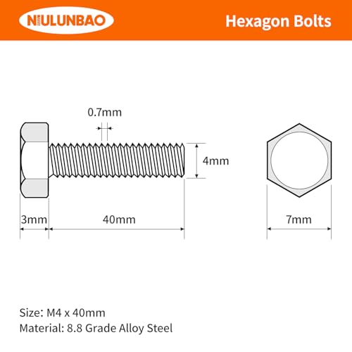 Image of M4-0.7 x 40mm Heavy Duty Hexagon Bolts Hex Head Screws, 8.8 Grade Alloy Steel, Black Oxide Finish, Metric Machine Fully Threaded, 50PCS