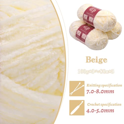 Image of LUNARM Chenille Yarn 3 Pack 3.5oz Chunky Blanket Velvet Yarn 263 Yard | Beige Chunky Chenille Yarn for Beginners Crocheting Hand Knitting Scarves with Big Eye Needles Machine Washable